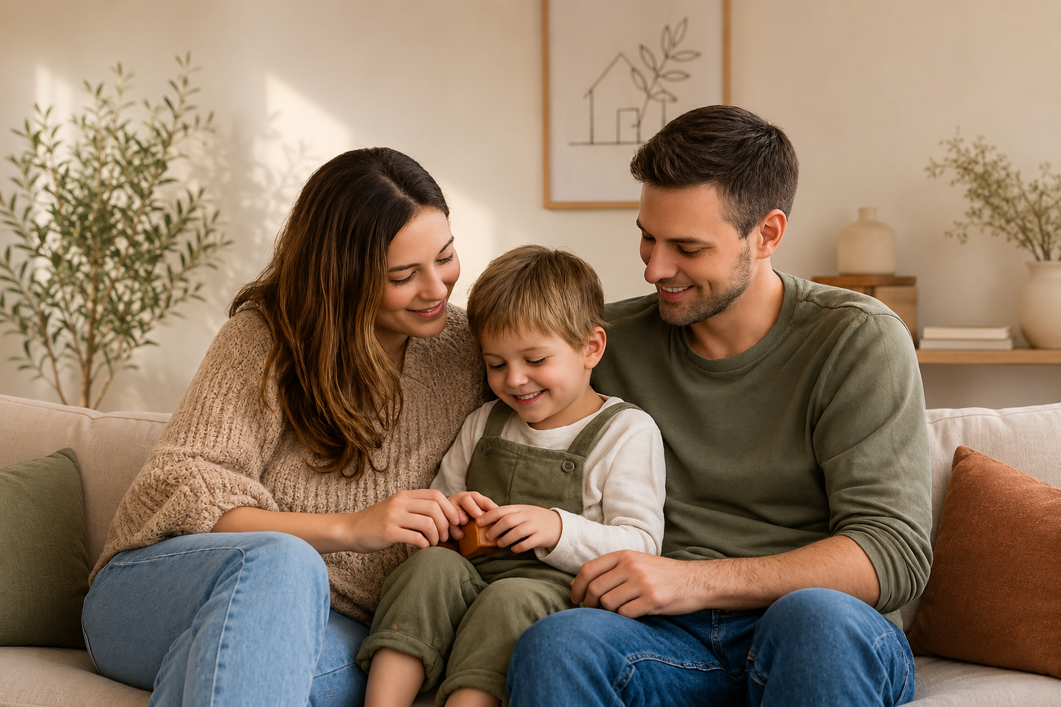 Jeunes parents avec leur enfant dans leur salon, illustrant les familles auxquelles s'adressent les conseils de FamilleBudget sur le budget familial.