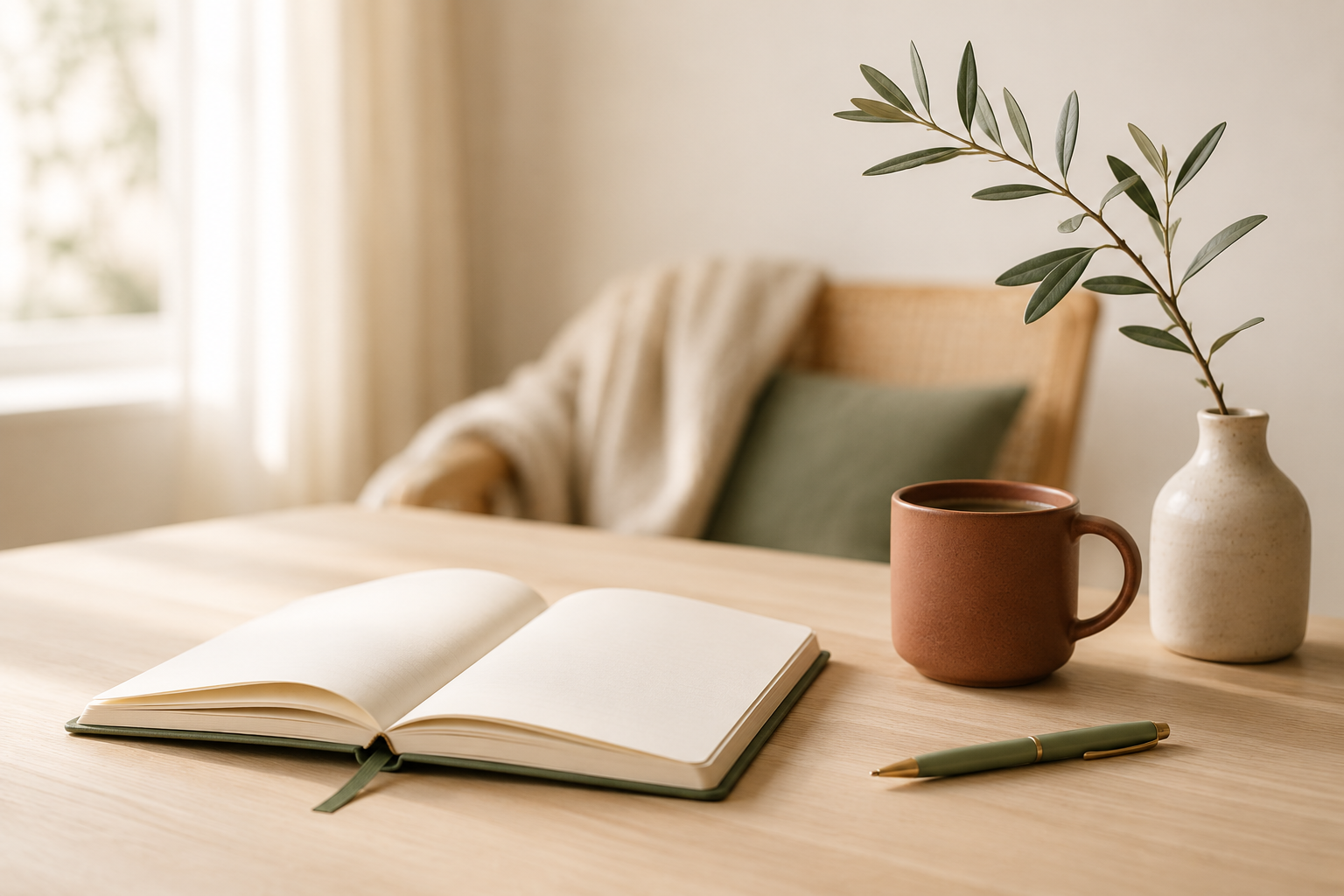 Carnet ouvert, tasse de café, stylo et branche d'olivier sur une table en bois dans une ambiance calme, illustrant la réflexion autour du budget familial.