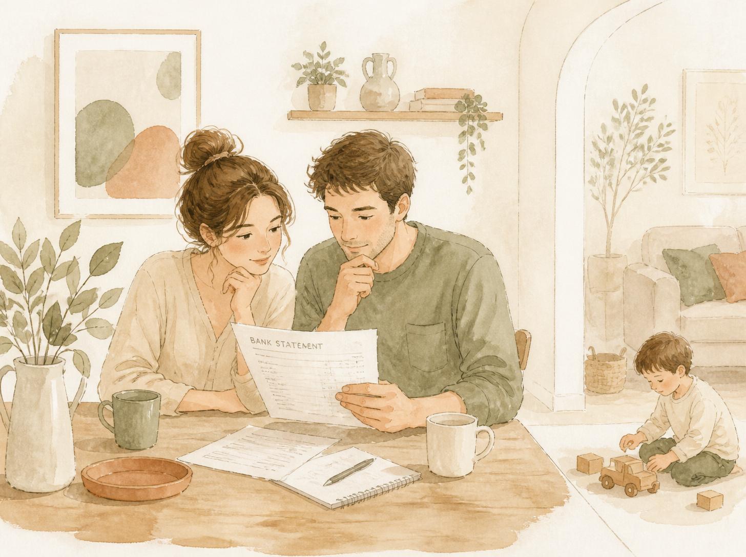 Jeunes parents assis à la table de leur cuisine réfléchissant à leur budget familial et à leurs dépenses de fin de mois.